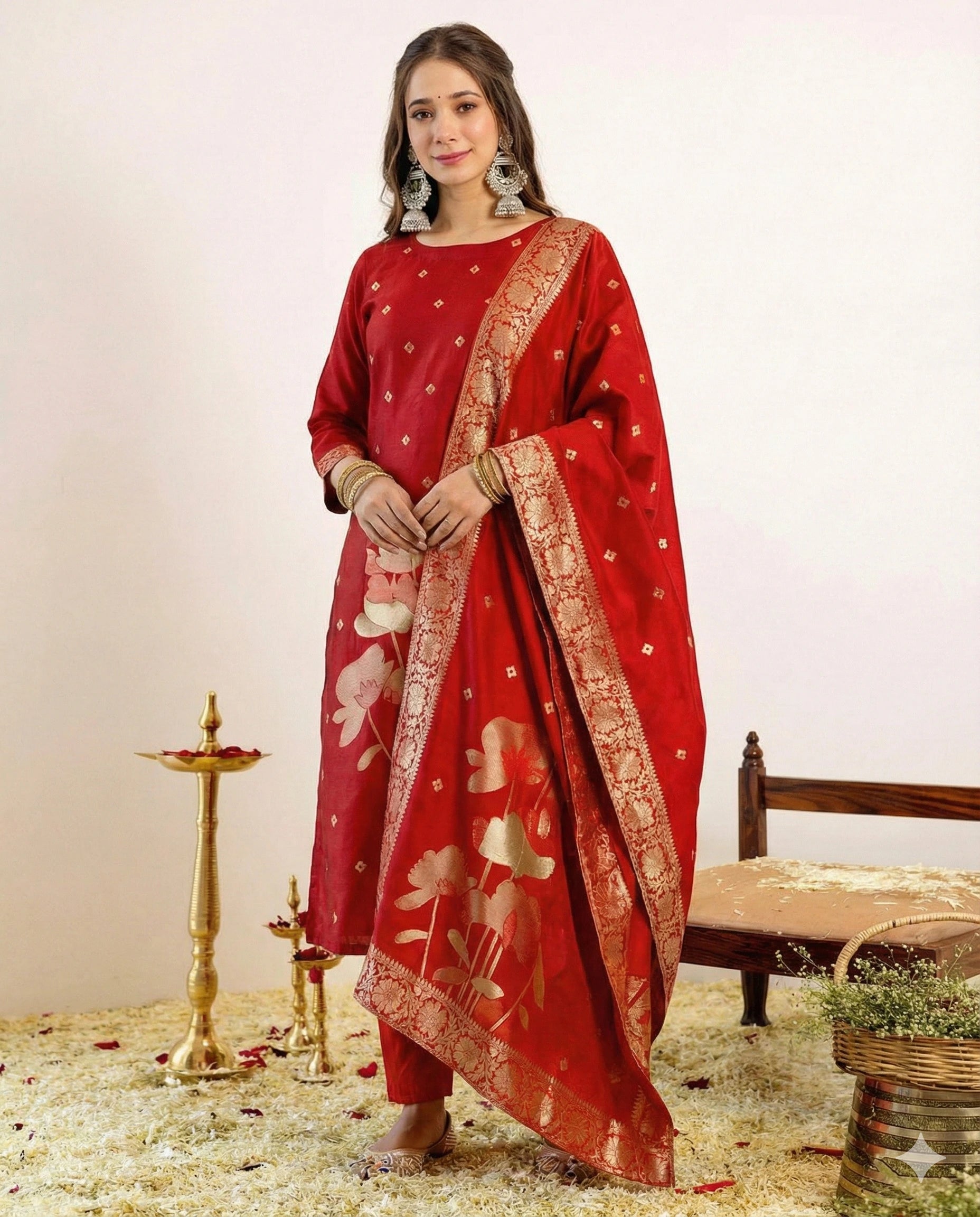Woman wearing a red traditional outfit with floral patterns on a neutral background